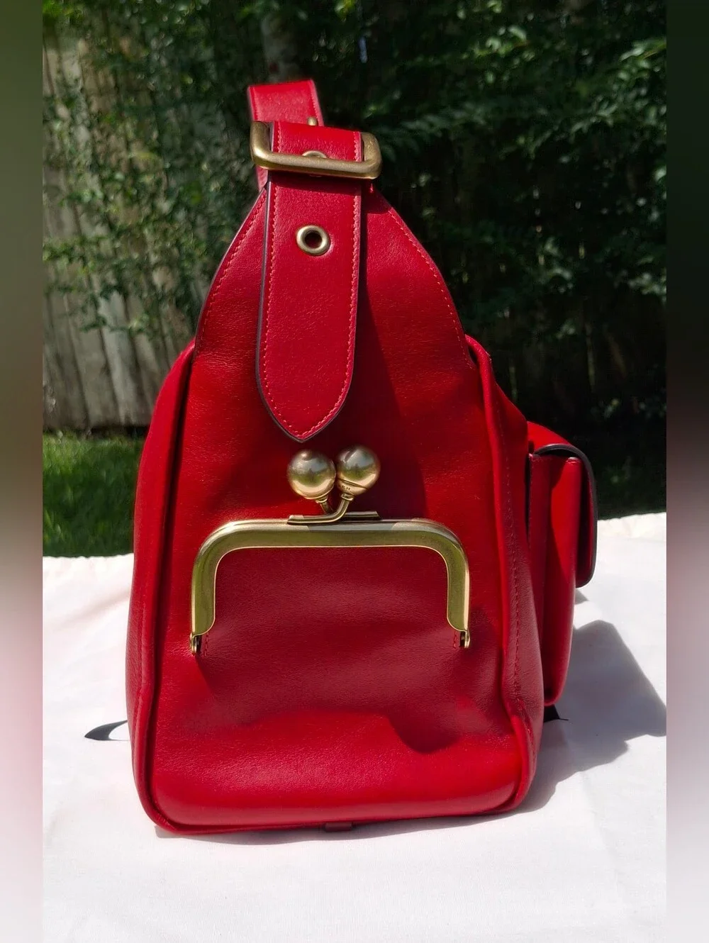 Coach Limited Re-Edition Scarlett Red Leather The Turnlock Haversack Bag #CDZ12